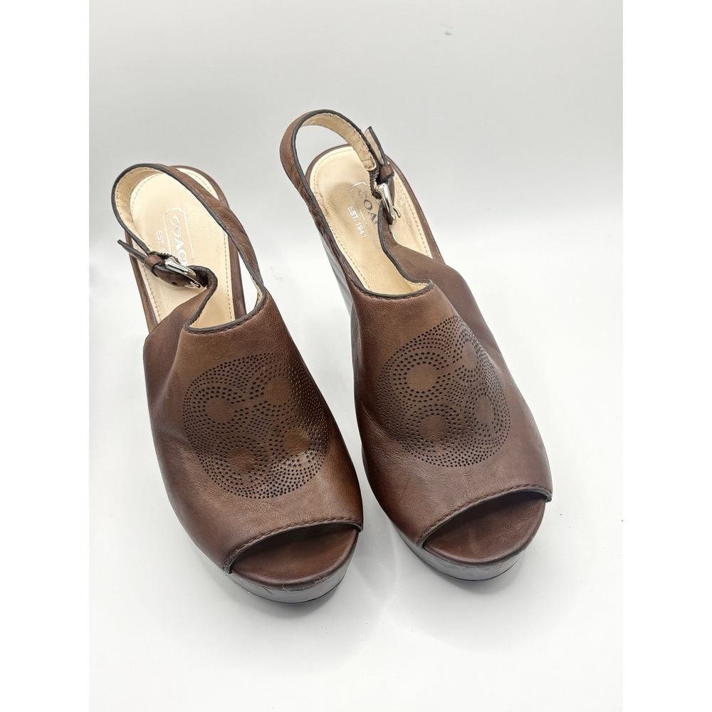 Coach Brown Leather Wedge Platform Sandals Open Toe Perforated Logo Size 7.5
